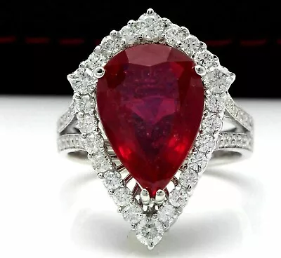 14K White Gold Plated 3.2Ct Pear Cut Lab-Created Red Ruby Halo Vintage Gift Ring • $143.65