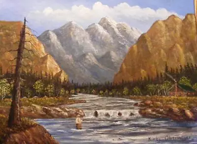 12 X 16 ORIGINAL ART LANDSCAPE PAINTING ROCKY MOUNTAIN RIVER TROUT FLY FISHING • $12