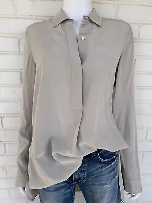 Vince Silk Collared Blouse Button Down Half Placket Grey Taupe Size 10 • $125