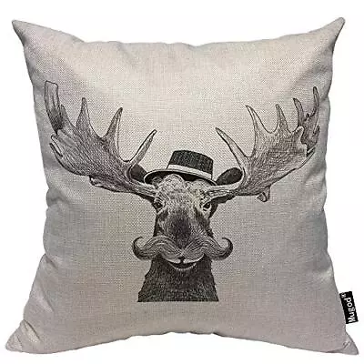 Moose Throw Pillow Cover Hipster Moose Large Mustache Cool Hat Antlers Funny ... • $20.62