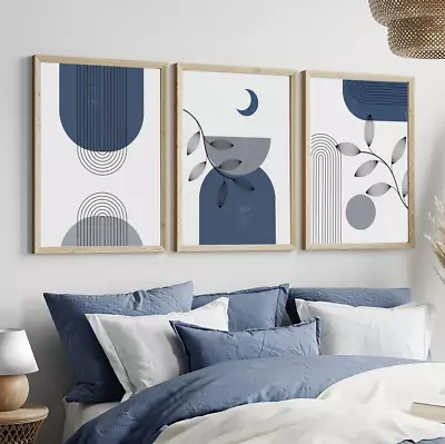 Set Of 3 Blue Grey Shapes Abstract Line Art Design Wall Art Home Decor • £56.01