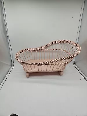 Doll Cradle Crib Bassinet Vintage Wicker & Wood Willow Basket Cradle PINK READ • $30