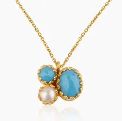 Gold Plated Turquoise & Pearl Pendent With Chain Multi Stone Minimalist Necklace • $18.99