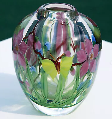 Mayauel Ward Flower Bouquet Butterfly Paperweight Art Glass Vase (1999) • $400