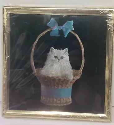 Vintage Kafka Metallic Art Framed Foil Picture Cat Kitten In Basket  6x6  • $9.99