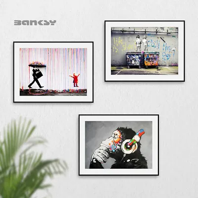 Set Of 3 Banksy Wall Art Prints Gallery Pictures Posters Monkey DJ Rainbow Rain • £12.99