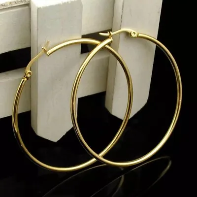 18K Gold Plated Round 50mm 2  Large Big Hoop Earrings Stainless Steel E51 • $9.99