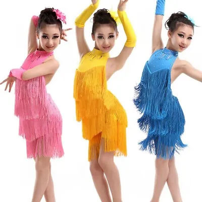 Kids Girls Jazz Latin Dance Dress Cha-Cha Dress Tassel Hem Dancewear Costume UK • £12.92