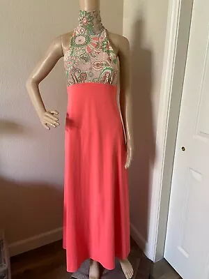 Vintage 70's Neon Salmon Empire Waist Maxi Dress W/ Crop Jacket S • $29