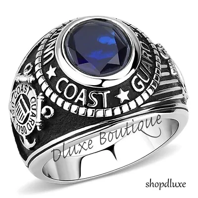 Men's Stainless Steel Simulated Sapphire US Coast Guard Military Ring Size 8-14 • $17.99