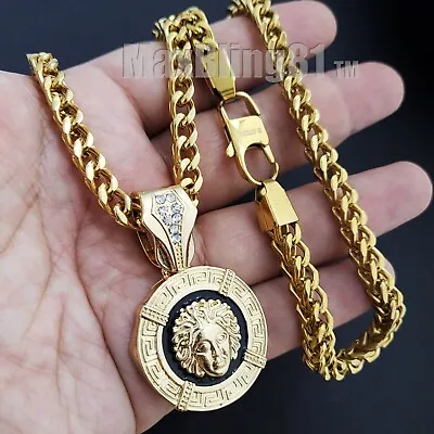 Iced Gold Plated Medusa Charm 24  30  Stainless Steel Box Franco Chain Necklace • $15.99