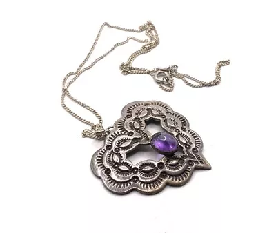 Navajo William Anderson Stamped Sterling Silver Amethyst Heart Pendant Necklace • $29.99