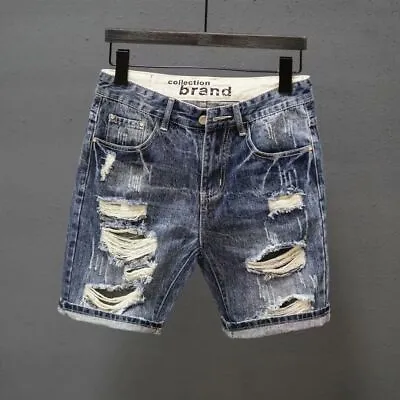 Men's Ripped Skinny Denim Shorts Trousers Straight Slim Short Jeans Casual Pants • $15.99
