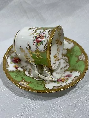 C1920 Antique Coalport~ Cup & Saucer Green Batwing Gold Gilt Demitasse Espresso • £20