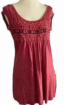 T Party Womens Embroidered Top Red Cap Sleeve Hippie Shirt Summer Round Neck M • $14.50