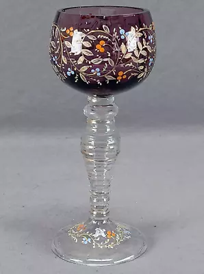 Bohemian Moser Type Enamel Floral & Gold Amethyst Hock Wine Roemer C.1880-1900 • $150