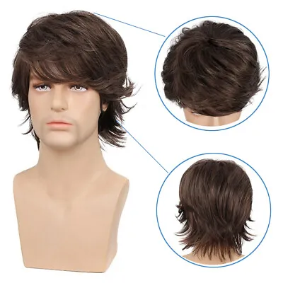 Men Brown Short Wigs Layered Natural Wavy Synthetic Hair Boys Male Wig Bangs • $1.48