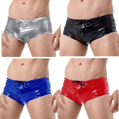 Men's Patent Leather Shorts Shiny Wet Look Hot Pants Stretchy Low Rise Underwear • £12.11