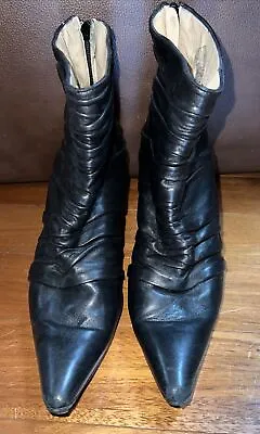 Manolo Blahnik M-Fertiti Fodera Black Ruched Leather Ankle Boots 38 • $99.99