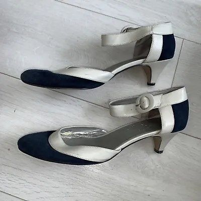 Vintage 41 8 Navy Suede White Patent Classic Low Heel Shoes Deco Gatsby Nautical • £14.99