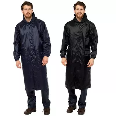 Mens Long Waterproof Jacket Hooded Windproof Outdoor Knee Length Rain Coat • £14.99