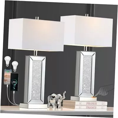 Modern Table Lamp Set Of 2 Touch Control Mirror Diamond Crystal Bedside Silver • $151.50