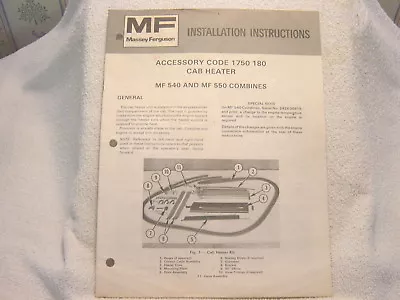 MASSEY-FERGUSON MF 1750 180 CAB HEATER For 40 550 Combines Installation Instruct • $9.99