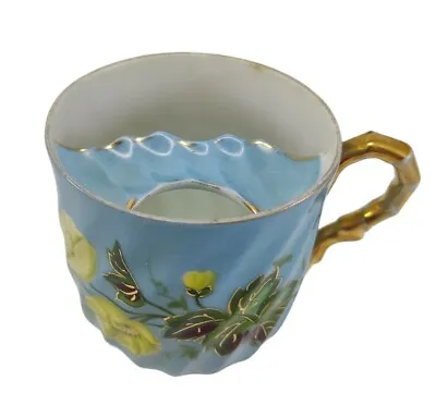 Victorian Mustache Tea Cup Mug Floral Blue Green Gold Accents • $27.98