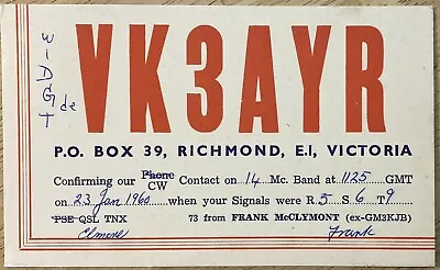 Qsl Ham Radio Card(a40)~vk3ayr~richmond E.i. Victoria Australia 1960 • $3.99