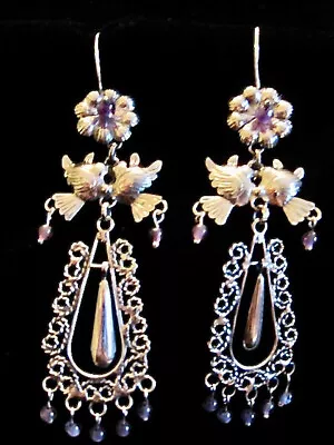 3 In FILIGREE DROP LOVE BIRD & FLOWER W AMETHYSTS EARRINGS STERLING TAXCO MEXICO • $127.59