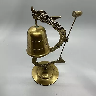 Vintage Asian Oriental Brass Standing Dragon Bell With Mallet Hammer Gong • $22.97