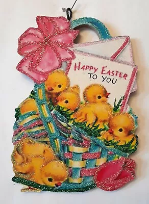 COLORFUL BASKET Of YELLOW CHICKS  * Glitter EASTER ORNAMENT * Vtg Img • $10.50