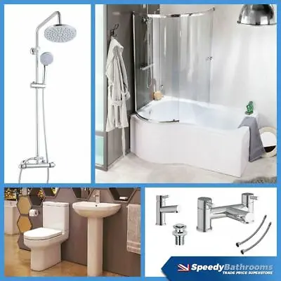 P Shaped Bathroom Suite Left Hand 1700 Bath BTW Toilet WC Basin Taps & Shower • £599.95