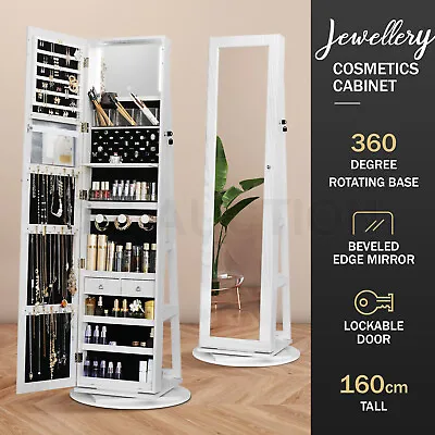 3In1 Rotating Jewellery Storage Shelf 360 Degree Cabinet LED Light Mirror White • $229.95