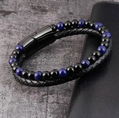 Natural Lapis Lazuli Obsidian 2 Strands Leather Reiki Strength Men Bracelet Gift • $12.87