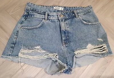 Pull And Bear Denim Shorts Eur 40 Distessed Ripped Frayed High Waisted Festival  • £12.99