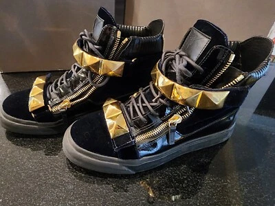$75 • Buy Giuseppe Zanotti  COBY  Black Gold Velvet High Top Sneakers