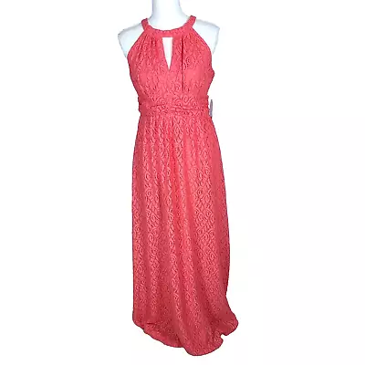 Emma & Michele Coral Pink Maxi Dress Sleeveless Halter Neck Lace Eyelet Cutout 6 • $34.99