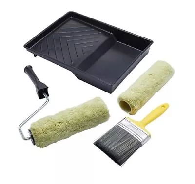 5 Piece Twin Masonry Paint Roller Frame 4  Brush And Tray Set Plastic Black • £12.94