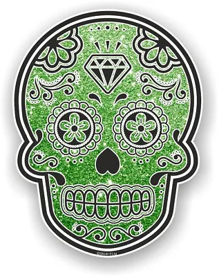 Mexican Day Of The Dead Sugar Skull Green Glitter Effect Vinyl Car Sticker Decal • £2.49