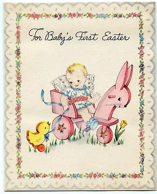 FOR BABY'S FIRST EASTER Chick Pull Toy Bunny Cart - Vintage 1943 Greeting Card • $4.59