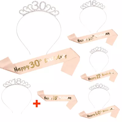 Birthday Silver Rhinestone Tiara Crown Rose Gold Sash 18/21st/30/40/50th Party • £6.09