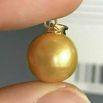 Huge AAAA 13-12mm Natural South Sea Golden Round Pearl Pendant 14k Yellow Gold • $39.99