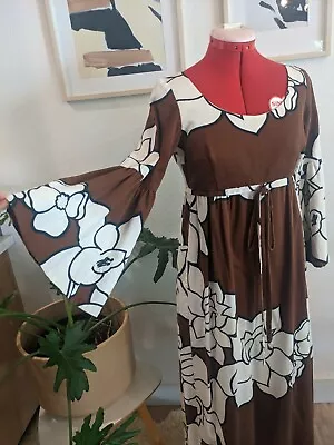 Vtg MALIA HONOLULU Bold Floral Print Hawaiian Maxi Dress Large Bell Sleeves • $129.98