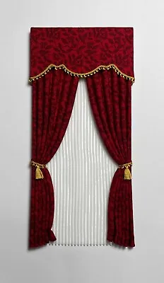 Dark Red Floral  Stylish  Dollhouse Curtains With Sheer Panel -1:12 Scale • $23.95