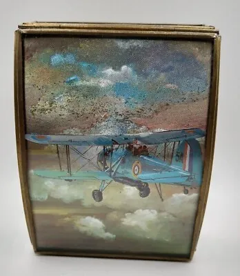 Glass Trinket Box With BiPlane Picture In Metallic Colors Blue Mid Century • $19.97
