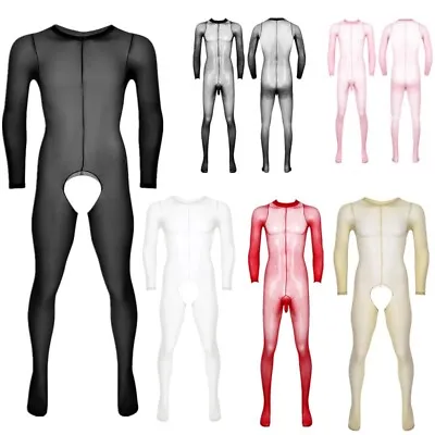 Mens See Through Bodysuit Open Penis Sheath Body Stockings Footed Leotard Romper • $10.33