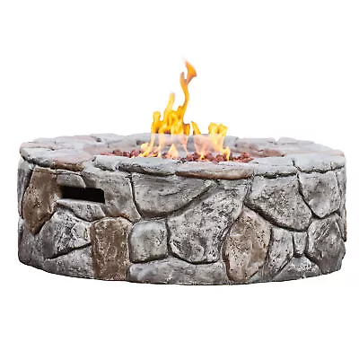 Gas Fire Pit Large Round Stone Effect Propane Garden Patio Firepit 28 Inch Grey • $324.99