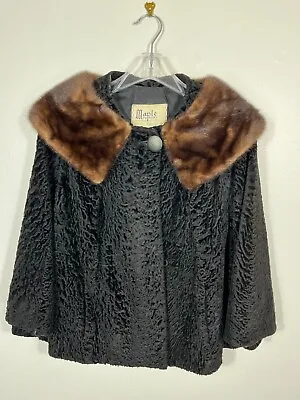 Vintage PERSIAN LAMB Fur Jacket MINK Collar Black Small 24  Length Bolero • $125