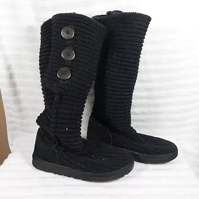 UGG Classic Cardy Knit Boots Black Women's Size 6 Sheepskin • $39.99